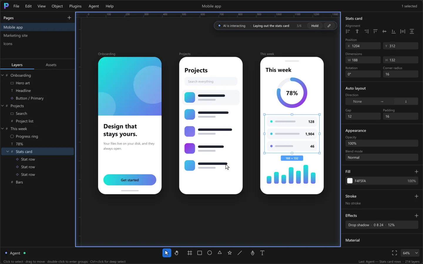 The Polyform editor. An AI agent is laying out a stats card on the Mobile app page, step 3 of 6, with a Hold button in its chip; the layers panel and inspector show the selection.