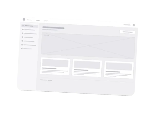 A grey-box wireframe of a dashboard: sidebar, header, a hero placeholder and three cards.